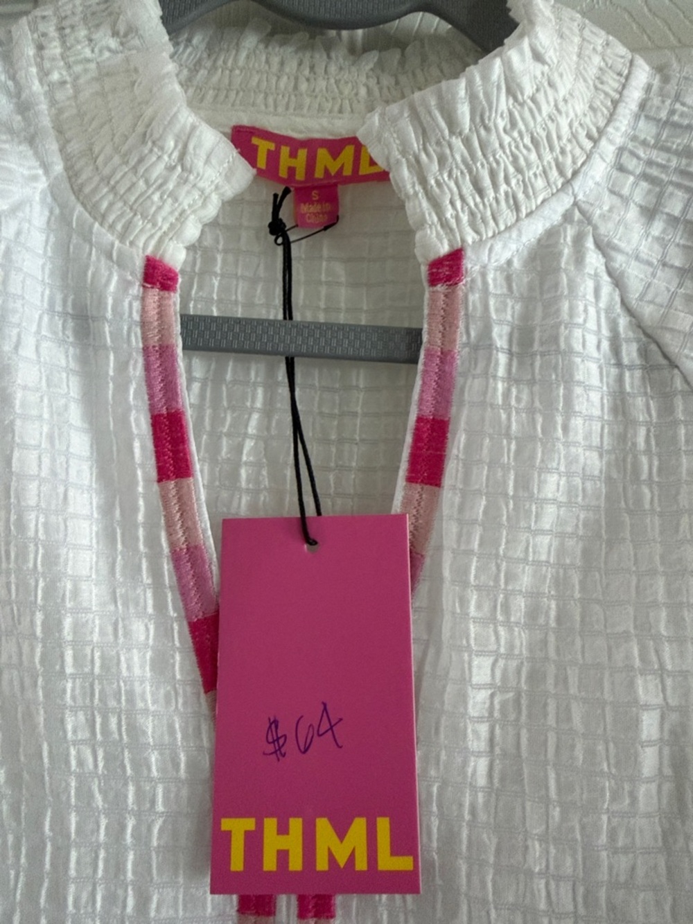 THML White Peasant Top with Pink Trim and Floral Embroidery - Picture 2 of 6